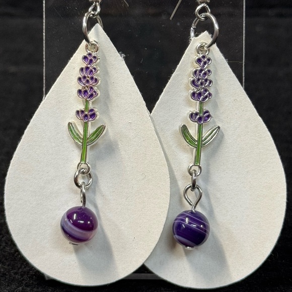 Handmade Jewelry - Purple Floral With White Faux Leather Earrings